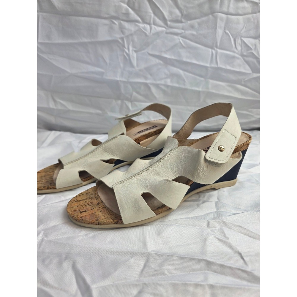 Pikolinos Cream Leather Wedge Sandals Navy Slingback Cork Footbed Womens 42